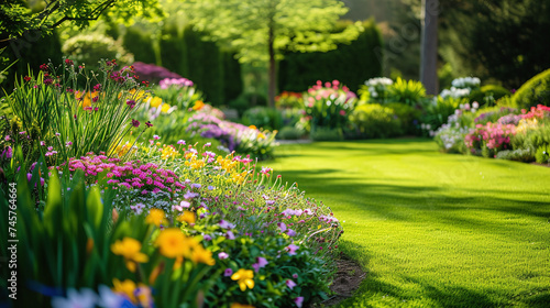 Beautiful Lush Garden Landscape with Blooming Flowers and Manicured Lawn in Sunlight © Kiss