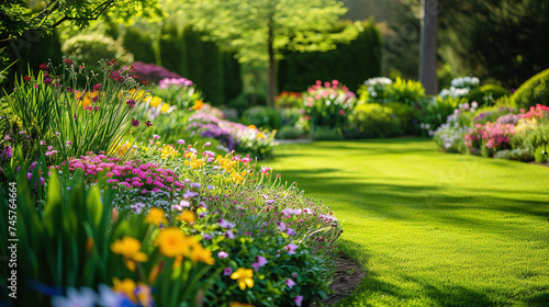 Beautiful Lush Garden Landscape with Blooming Flowers and Manicured Lawn in Sunlight photo