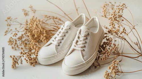 White Casual Sneakers with Dried Flowers on Neutral Background Fashion Footwear  photo