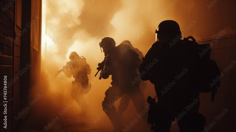Silhouetted Special Forces Team in Smoke Filled Environment during Tactical Operation at Dusk