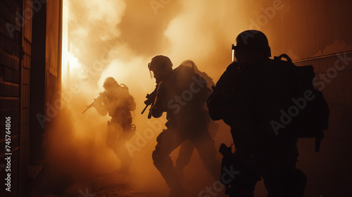 Silhouetted Special Forces Team in Smoke Filled Environment during Tactical Operation at Dusk