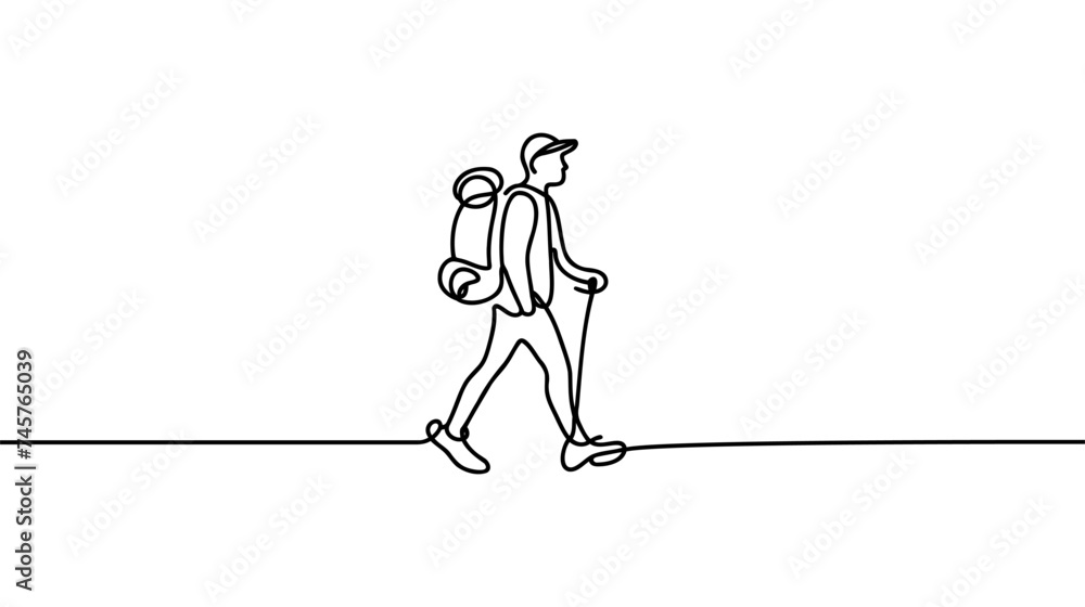 Continuous line drawing of traveler, tourist. Single one line art concept of tourist on white background. Vector illustration - obrazy, fototapety, plakaty 