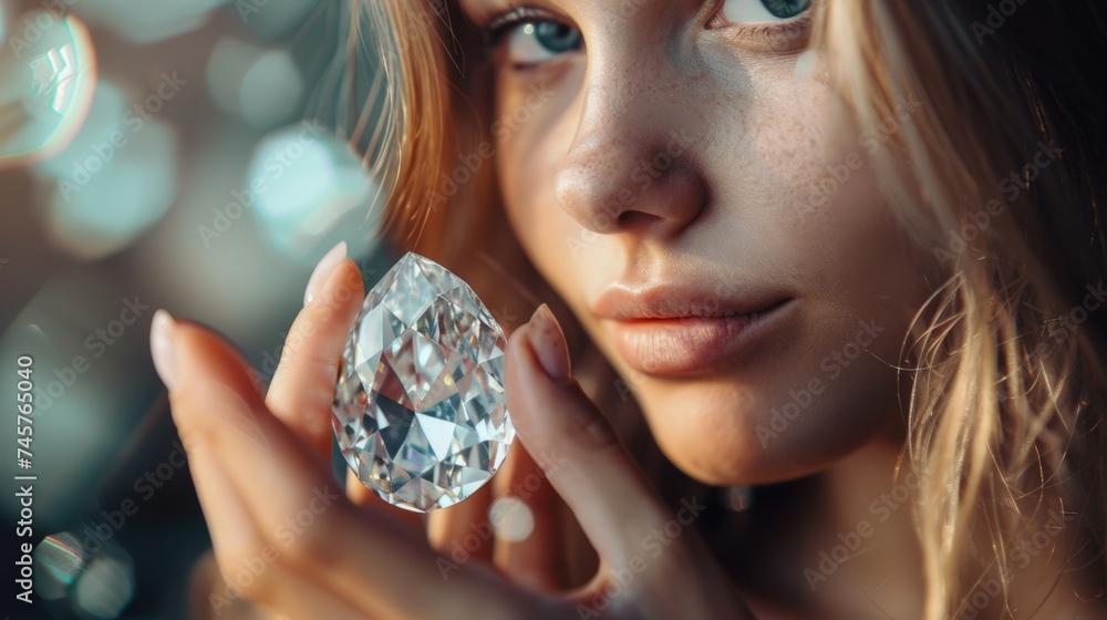Woman Holding a Huge and Precious Diamond in the Palm of Her Hand Woman Holding a Huge and Precious Diamond in the Palm of Her Hand