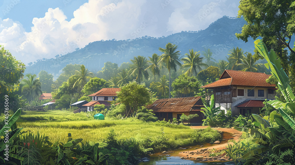 Tropical Village Landscape with Lush Greenery and Traditional Houses Near Mountain Range