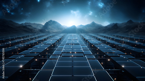Surreal scene of infinite solar panels amid mountains under a galaxy-filled sky