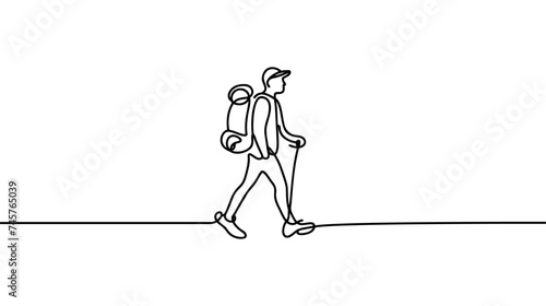 Continuous line drawing of traveler, tourist. Single one line art concept of tourist on white background. Vector illustration
