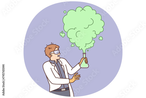 Mad chemical scientist man conducts dangerous chemistry experiment with reagents and fails