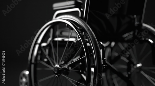 A close-up photograph of an empty wheelchair in black background