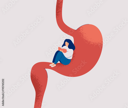 Calm woman has healthy stomach. Happy Girl sits on the big gastric. Concept of  Medical exam and preventions digestive system. Vector illustration of Human digestive system anatomy