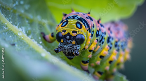 Close Up Macro  of Vibrant Yellow and Black Spotted Caterpillar on Green Leaf in Natural Habitat