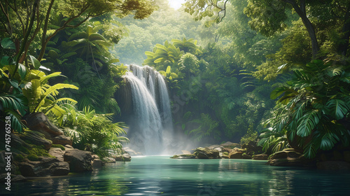 Majestic Tropical Waterfall Surrounded by Lush Greenery and Tranquil Blue Waters in Exotic Rainforest Landscape
