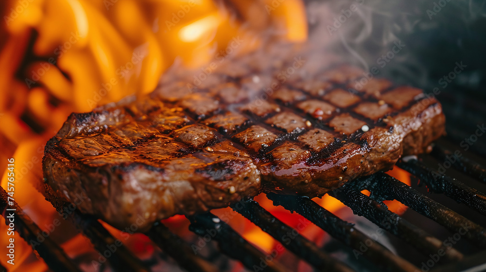 Juicy Grilled Steak on Open Flame BBQ Close Up Detailing Texture and Sizzle Juicy Grilled Steak on Open Flame BBQ Close Up Detailing Texture and Sizzle