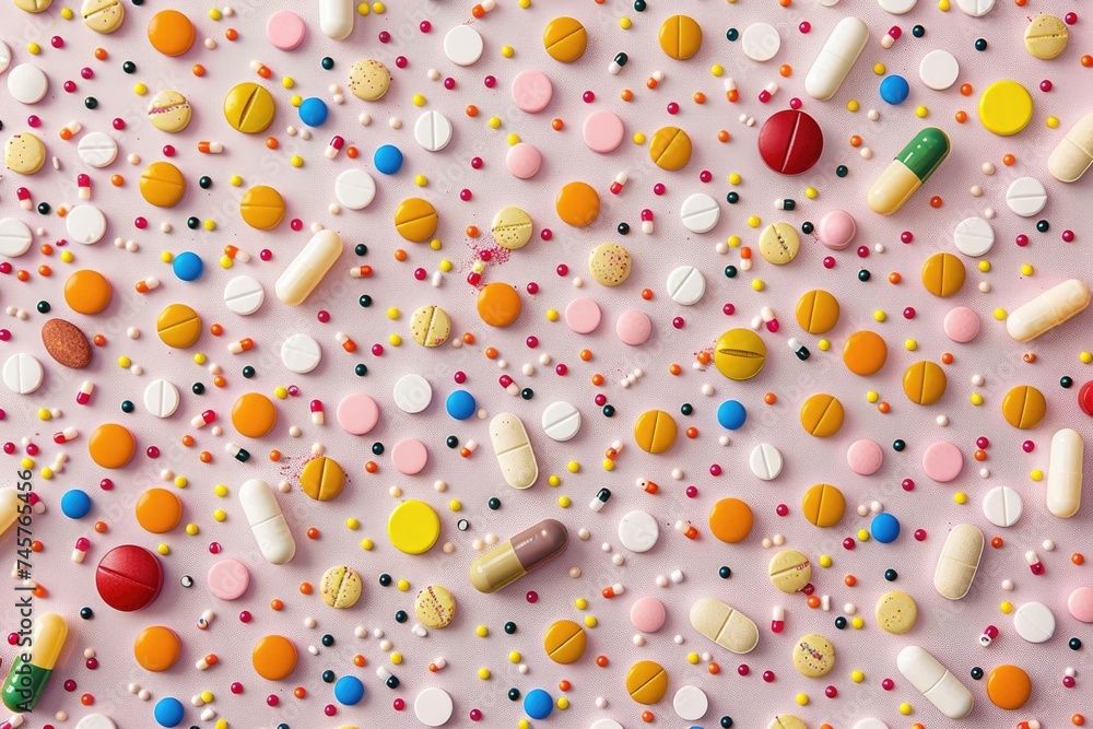 Different pills on color background, flat lay. ai generated Different pills on color background, flat lay. ai generated