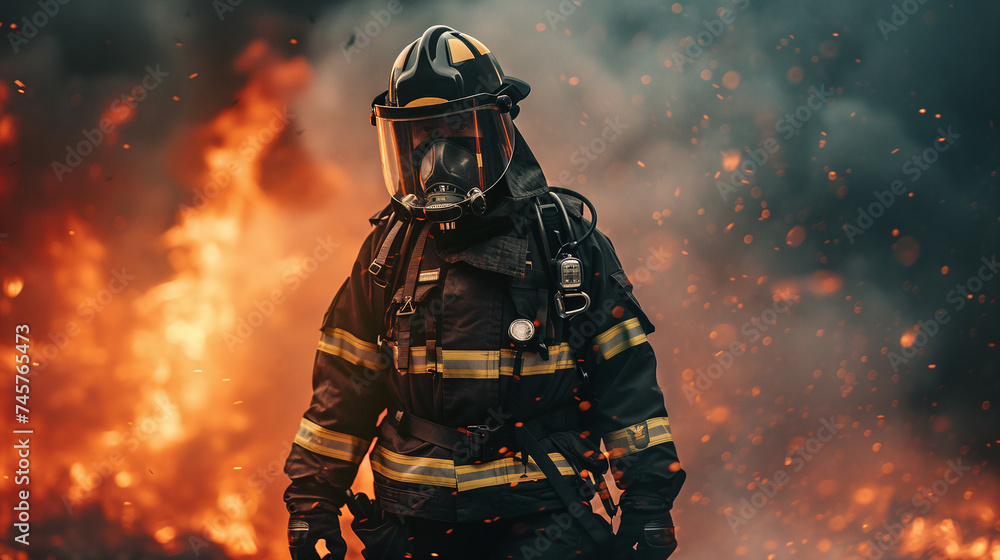 Brave Firefighter in Full Gear Standing Against Intense Flames and Smoke Background Brave Firefighter in Full Gear Standing Against Intense Flames and Smoke Background