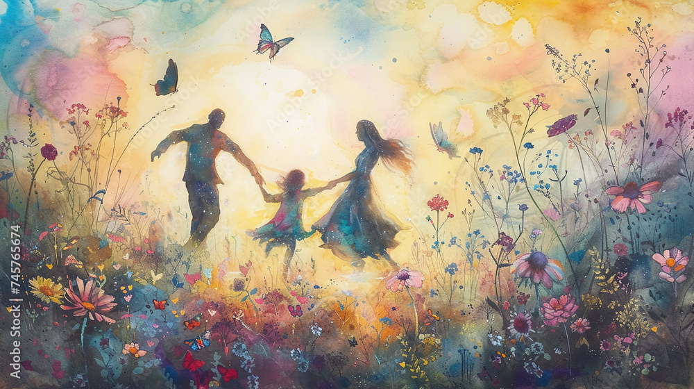 Family Dancing in Flower Field at Sunset Watercolor Painting Artwork