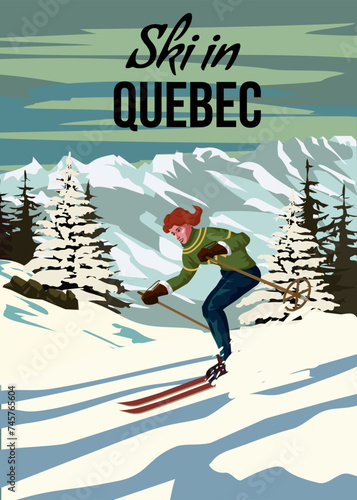 Vintage Travel poster Ski Quebec resort. Canada winter landscape travel card