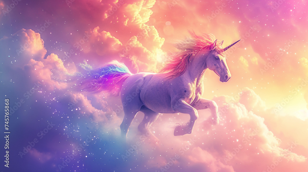 Majestic Unicorn Galloping in Magical Cloudy Sky with Radiant Sunset Glow and Sparkling Stars Fantasy Background Wallpaper Majestic Unicorn Galloping in Magical Cloudy Sky with Radiant Sunset Glow and Sparkling Stars Fantasy Background Wallpaper