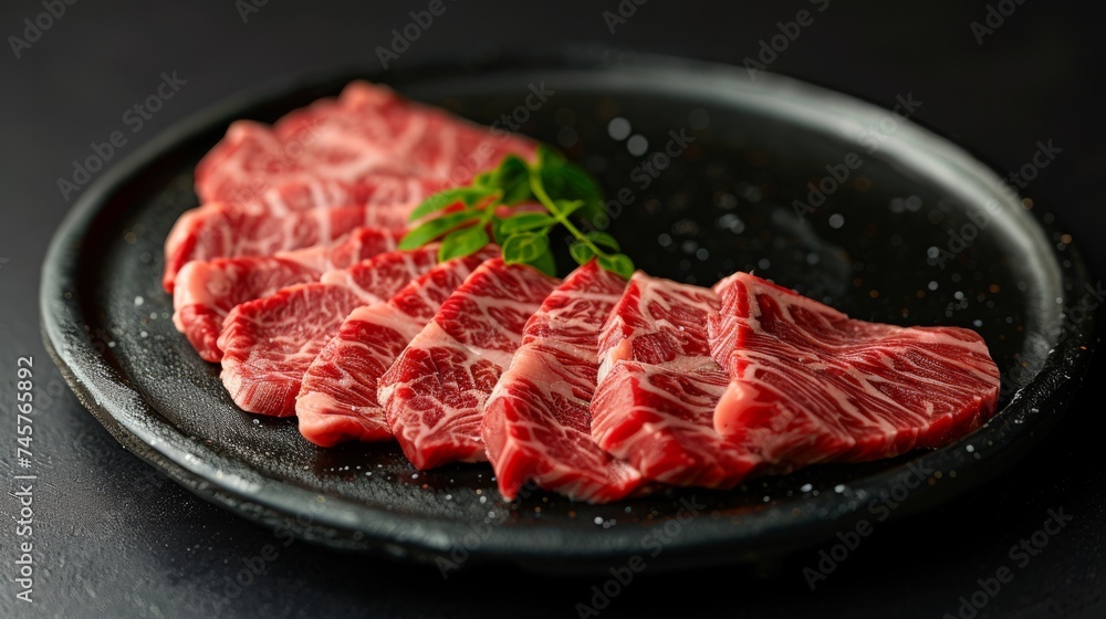 Top view, prepared raw sliced beef steak on black plate.