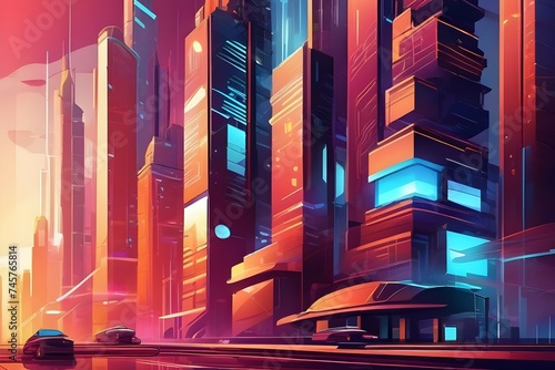 Neon-lit futuristic cityscape with towering skyscrapers and at dusk. Digital art. Generative ai