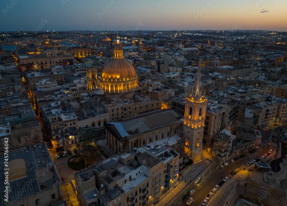Naklejka premium Evening view of Valletta and cathedral, Malta