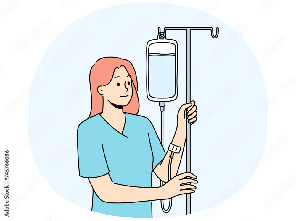 Happy woman with intravenous saline drip in hospital. Smiling female patient receive medication and treatment in clinic. Healthcare. Vector illustration. Happy woman with intravenous saline drip in hospital. Smiling female patient receive medication and treatment in clinic. Healthcare. Vector illustration.