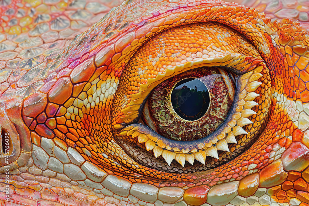 Naklejka premium Lizard's eye. Macro. Eye of the Dragon. Generative AI
