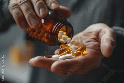 man's hand pouring some pills in his hand from a brown bottle. ai generated photo
