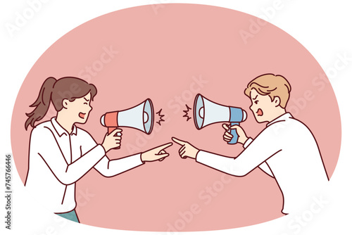 Aggressive men and women with megaphones quarreling and pointing fingers at each other. Guy and girl office employees are screaming trying to find culprit in losses of company