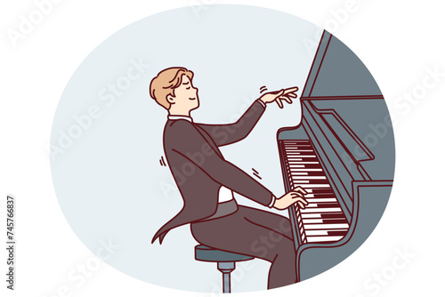 Man pianist masterfully plays classical music sitting in tuxedo for performances in front audience. Young creative guy participates in concert demonstrating cool piano playing