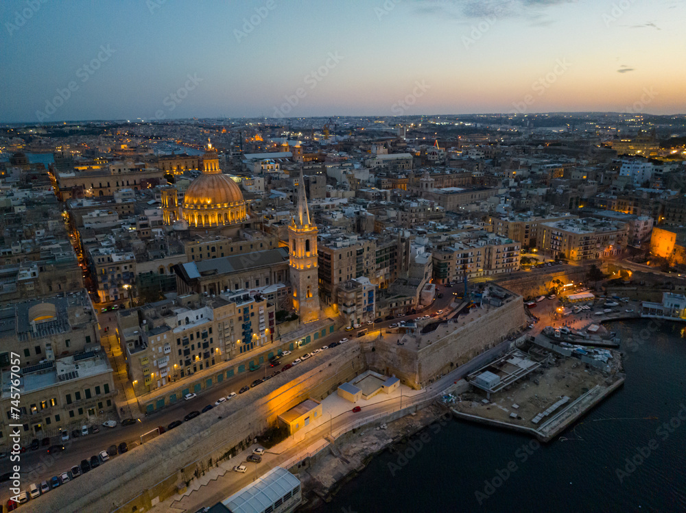 Evening view of Valletta and cathedral, Malta island
