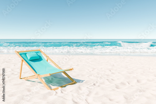 Fototapeta Naklejka Na Ścianę i Meble -  single aqua-colored beach chair on a white sandy beach with vibrant ocean waves in the background. Peaceful vacation concept.