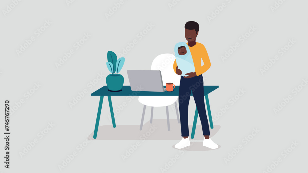 Vektor-Illustration eines Mannes mit einem Baby, der entspannt im Home-Office arbeitet - Business-Konzept Vektor-Illustration eines Mannes mit einem Baby, der entspannt im Home-Office arbeitet - Business-Konzept