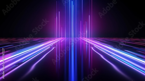 Abstract neon light fluorescent Neon Lights glow ,Reflection on water, exhibition background 3D illustration