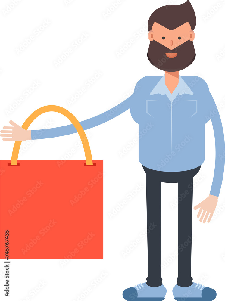 Beard Man Character Holding Shopping Bag
