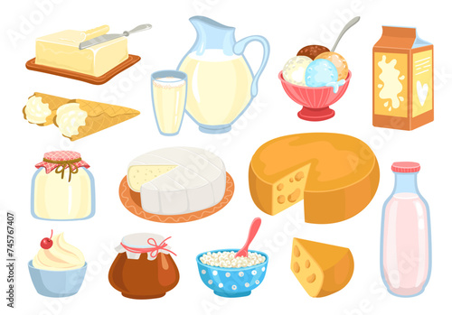 Various milk products. Cartoon dairy food. Cottage cheese. Butter piece. Sour cream. Yoghurt bottle. Jug and glass. Healthy nutrition. Organic curd bowl. Farm meal. Splendid vector set