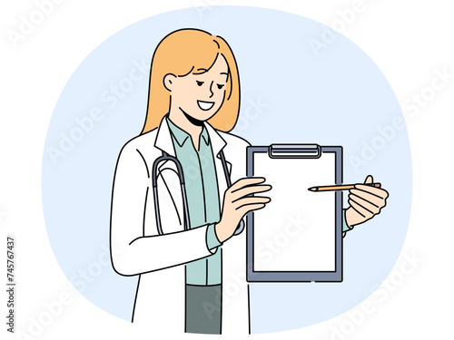 Smiling female doctor in white medical uniform point at blank mockup paper. Happy GP or therapist demonstrate medication prescription. Vector illustration.
