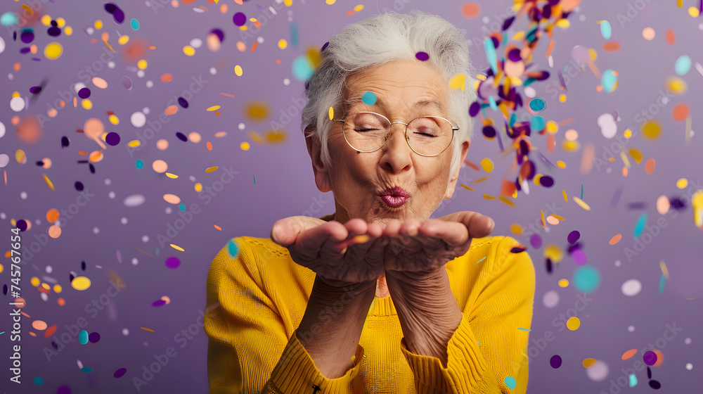 An older woman blowing a bunch of confetti that he holds in his hands on a solid colored purple background An older woman blowing a bunch of confetti that he holds in his hands on a solid colored purple background