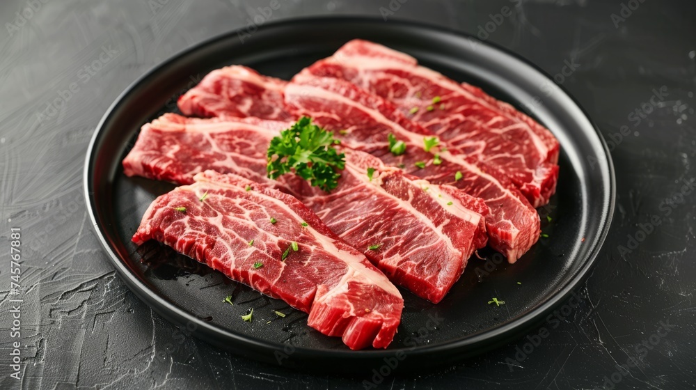 Top view, prepared raw sliced beef steak on black plate.