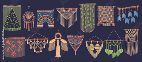 Modern macrame decor. Patterned wall hangings made of strings. Scandinavian rustic style. Handmade rope weaving ornaments. Dream catcher. Boho knitted decorations. Recent vector set
