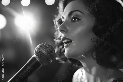 young woman with a microphone singing ,black and white