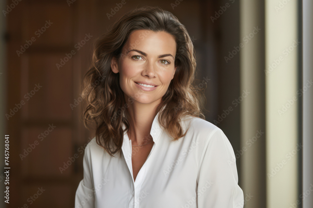 Portrait of an Attractive Caucasian Women with a Pretty Smile, Enjoying Nature in a Casual Fashion Style, on a Background of a Green Spring Park Portrait of an Attractive Caucasian Women with a Pretty Smile, Enjoying Nature in a Casual Fashion Style, on a Background of a Green Spring Park