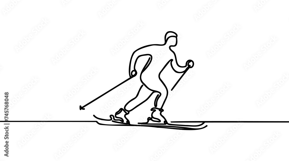 Fototapeta premium Thin one continuous line illustration drawing skier, skiing, descent from the mountain. Winter sport and tourism concept