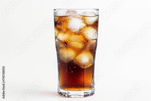 Cola with ice in a glass on a white background