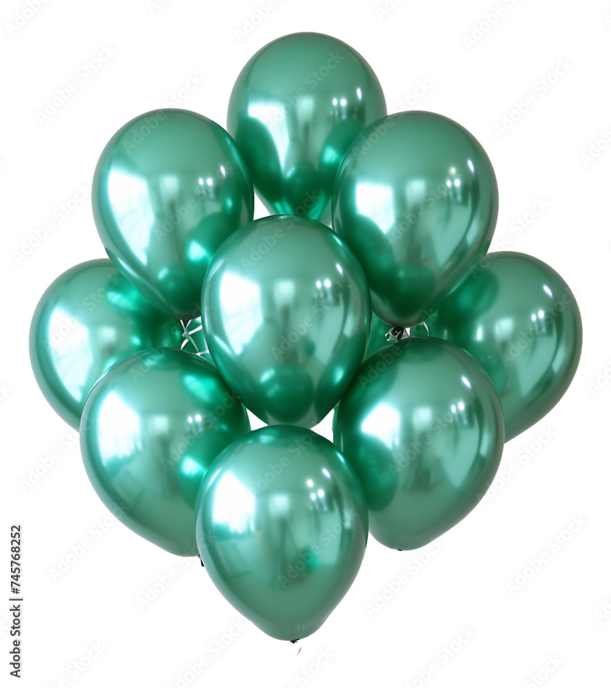 A set of metallic green balloons that are shiny and oval-shaped. A set of metallic green balloons that are shiny and oval-shaped.