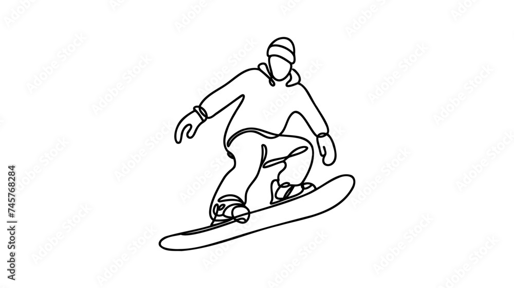 One continuous line drawing of young sporty man snowboarder riding snowboard and jump at alps snowy powder mountain.