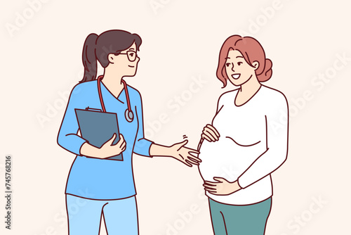 Pregnant woman turns to gynecologist for consultation and check health of unborn child. Pregnant girl preparing to become mother talks with gynecologist from clinic or maternity hospital