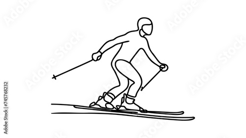 Thin one continuous line illustration drawing skier, skiing, descent from the mountain. Winter sport and tourism concept