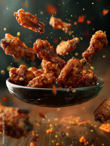 Crispy Chicken Wings Suspended Midair with Tangy Sauce and Aromatic Spices