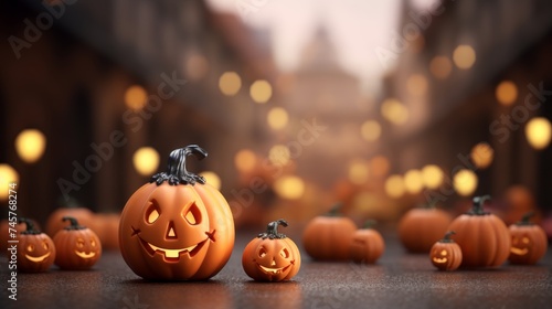 Halloween card. Jack o lantern joy on defocused background with copy space for text