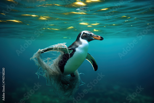Penguin trapped in plastic bag, symbolizing ocean rescue and environmental protection.